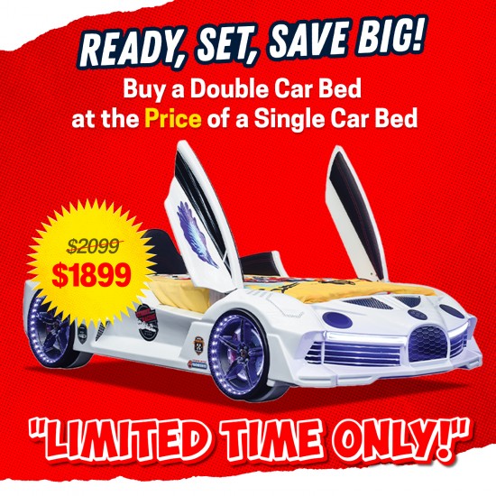 Premium Kids Racing White Double Car Bed 